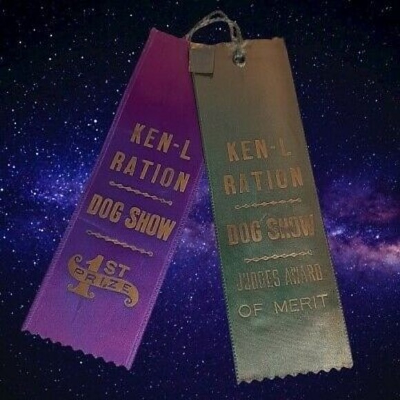 Vtg Ken-L Ration Dog Food Amateur Dog Show Pair of Ribbons 1st Prize & Merit - Picture 1 of 9